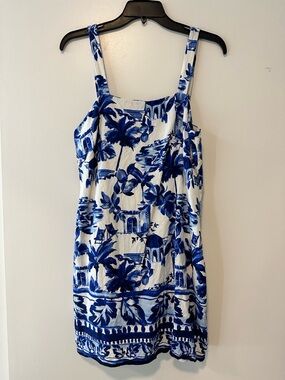 LOFT White Dress with Blue Tropical Print